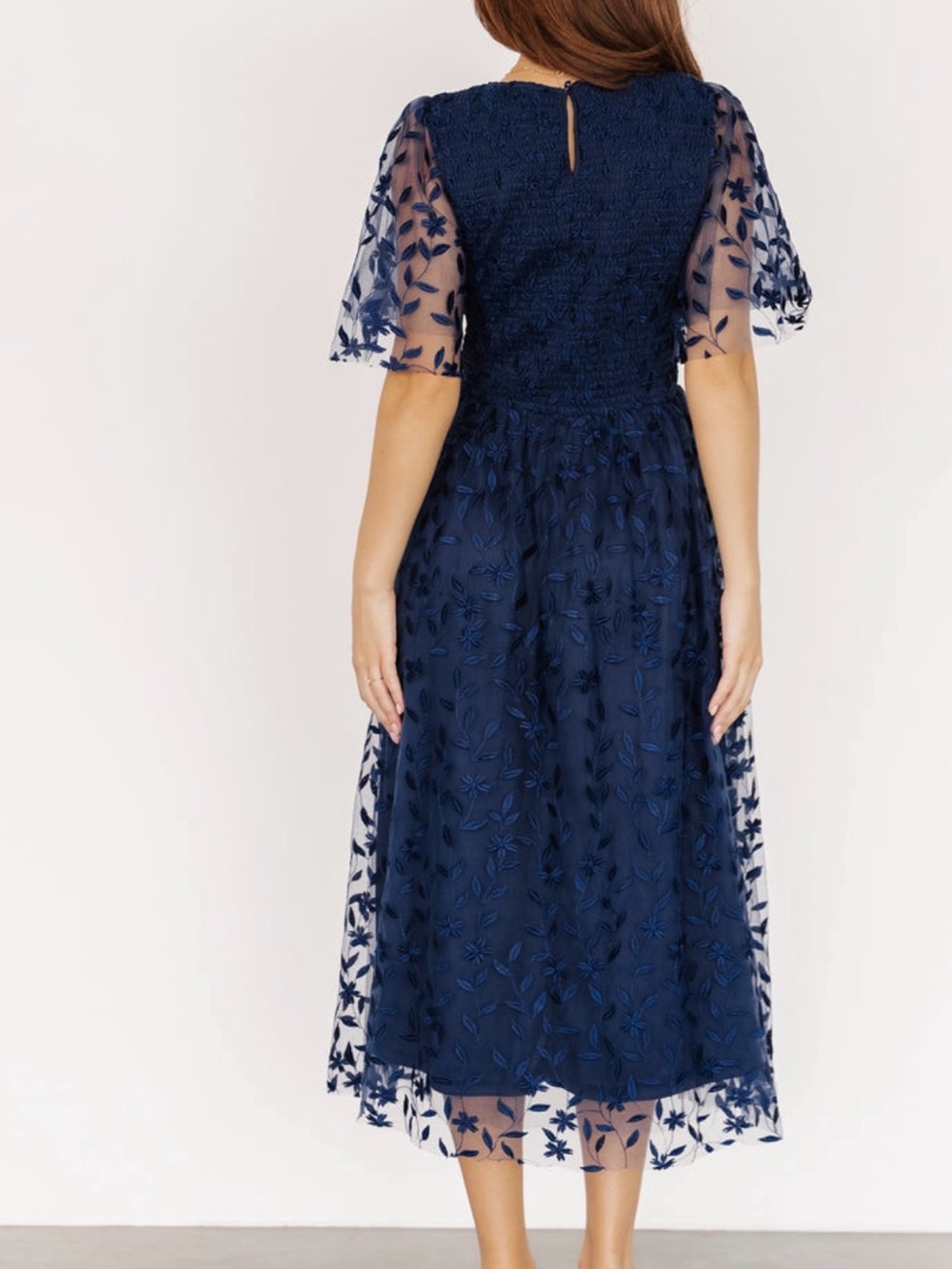 Baltic Born Navy Blue Midi Dress with Floral Sheer Sleeves - Picture 3 of 4